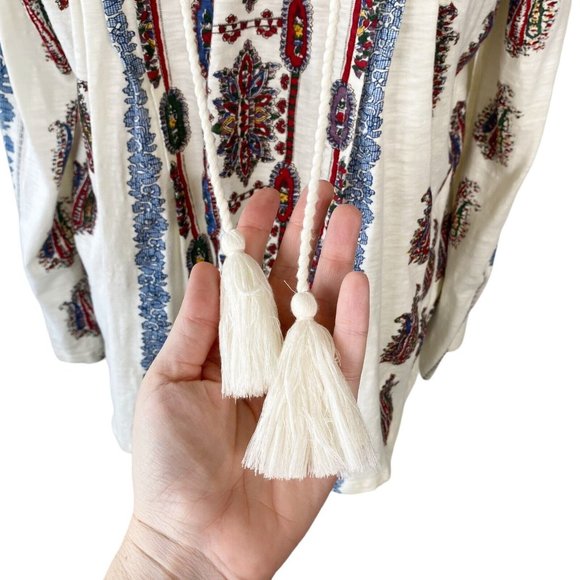 Sundance Catalog Namara Tee Long Sleeve Top Large Ivory Print Tassel Boho - Picture 6 of 11